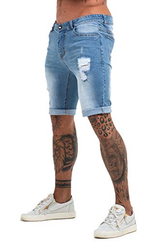 GINGTTO Men Short Denim Jeans Pants Slim Fit Ripped Shorts for Men Light Blue 34
