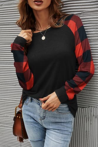 Buffalo Plaid Raglan Pullover Long Sleeve Shirt for Women