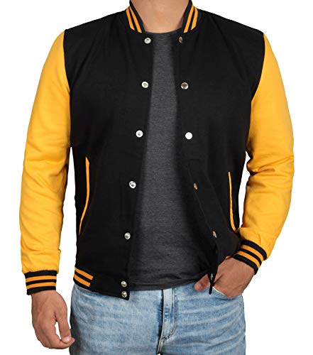 Decrum Black and Yellow Varsity Jackets for Men [40020013] | Plain Yellow Sleve, M