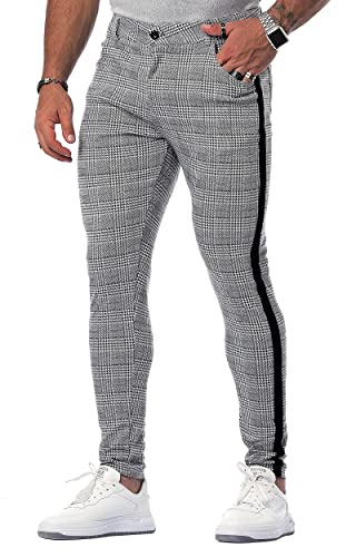 Mens Plaid Pants Slim Tapered Fit Casual Stretch Flat-Front Expandable Waist Checkered Dress Pants (Black Tape Side, XXLarge)