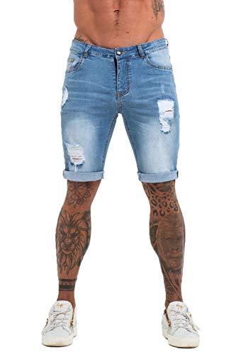 GINGTTO Men Short Denim Jeans Pants Slim Fit Ripped Shorts for Men Light Blue 34