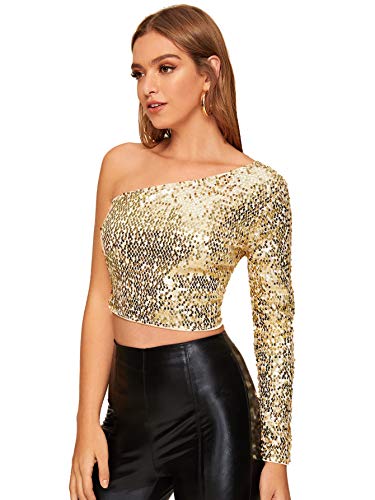 Glitter Sequin One Shoulder Crop Top for Women