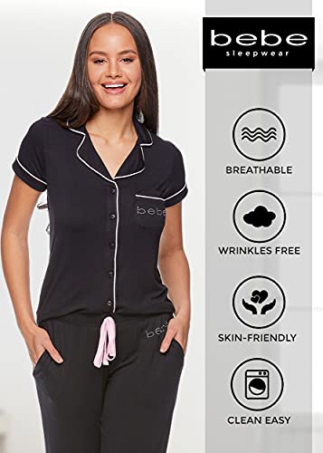 bebe Women's Black Short Sleeve Shirt and Pajama Pants Set, Large