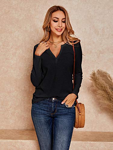 Waffle Knit Long Sleeve V-Neck Tee for Women