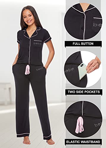 bebe Women's Black Short Sleeve Shirt and Pajama Pants Set, Large