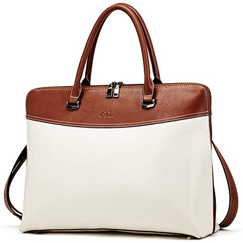 CLUCI Briefcase for Women Oil Wax Leather 15.6 Inch Laptop Business Vintage Slim Ladies Shoulder Bag Beige with Brown