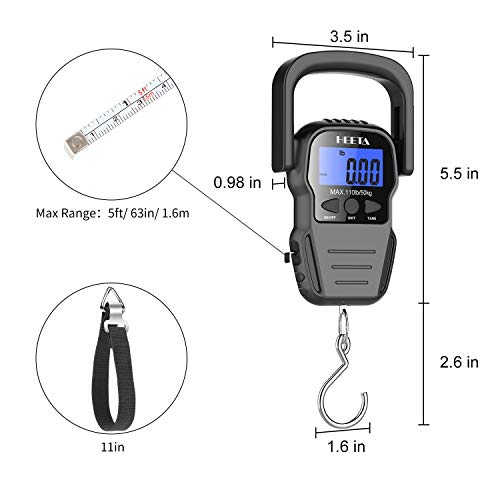 HEETA Digital Portable Fish Scale with Backlit LCD Display and Measuring Tape - Batteries Included