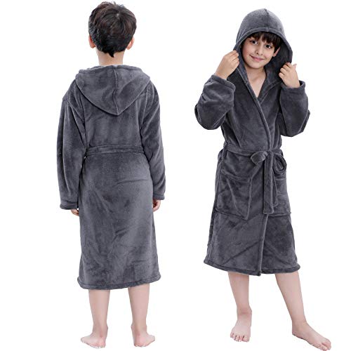 Hooded Herringbone Boy's Fleece Grey Robe
