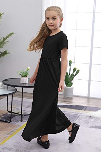 Girls' Short Sleeve Floral Print Maxi Dress with Pockets (Black, 11-12Y)