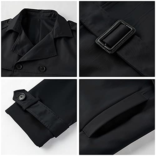 Mens Trench Coat Slim Fit Double Breasted Long Jacket Notched Lapel Belt Fall Windproof Coat