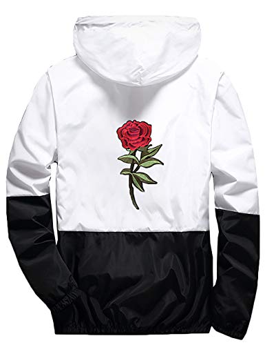 Rexcyril Men's Rose Floral Windbreaker Hooded Jacket Lightweight Solid Color Casual Full Zip Flower Coat Medium Black / White