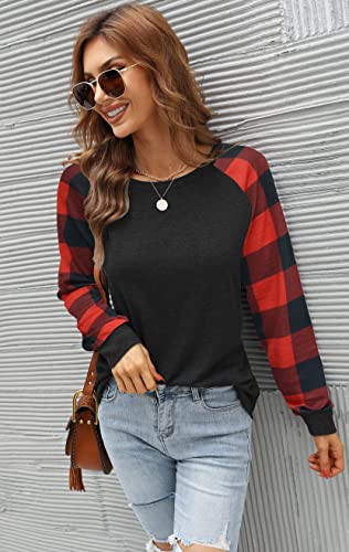 Buffalo Plaid Raglan Pullover Long Sleeve Shirt for Women