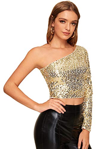 Glitter Sequin One Shoulder Crop Top for Women