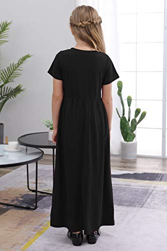 Girls' Short Sleeve Floral Print Maxi Dress with Pockets (Black, 11-12Y)