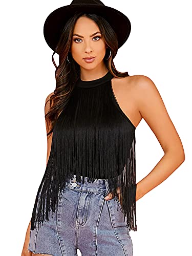 Verdusa Fringe Trim Halter Bodysuit
