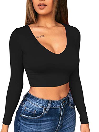 Sexy Bodycon V Neck Long Sleeve Crop Top for Women