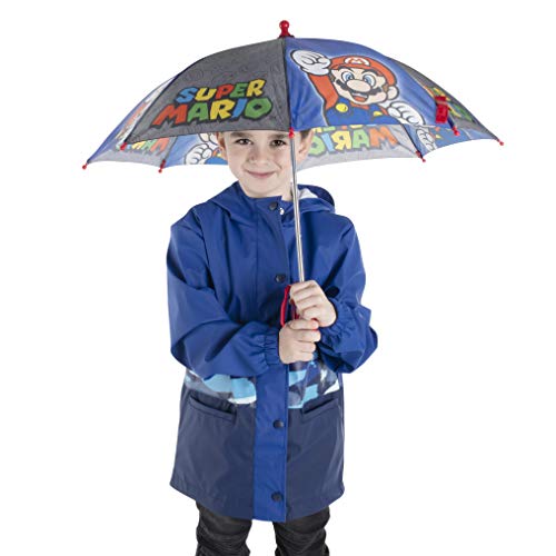 Nintendo Regular Kids Umbrella for Boys, Mario and Luigi Children's Rainwear, for Ages 3-8, Grey/Blue, Age 3-6