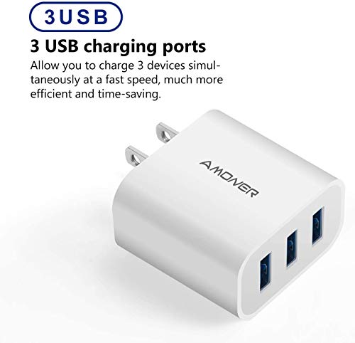 Amoner Upgraded 3-Port USB Wall Charger for iPhone, iPad, and More - 2Pack