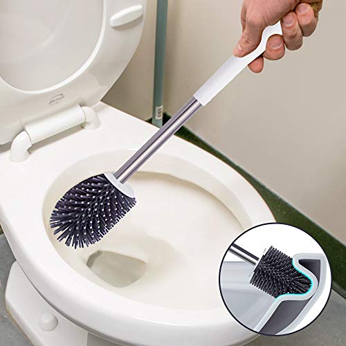 BOOMJOY Toilet Brush and Holder Set: Silicone Bristles with Tweezers