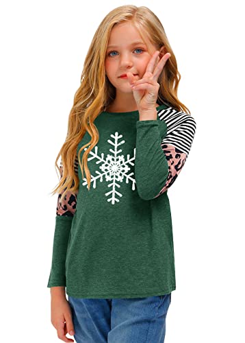 Christmas Long Sleeve Shirt (Girls, Xmas Snowflakes, Green, Raglan Tunic Top, 8 Years)