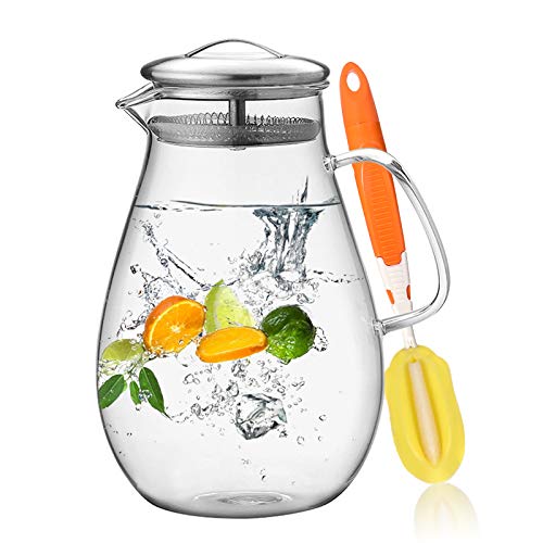 HIWARE 64 oz Glass Pitcher with Stainless Steel Lid, Cleaning Brush Included