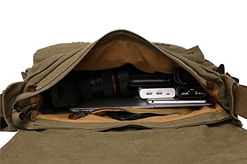 Sechunk Vintage Military Leather Canvas Laptop Bag Messenger Bags Medium （Army Green）