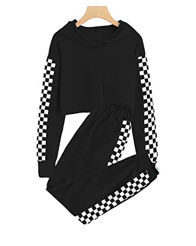 Cute Checkered Crop Top Hoodie Set for Teen Girls