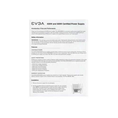 EVGA 500 W1, 80+ WHITE 500W Power Supply( 100-W1-0500-KR)