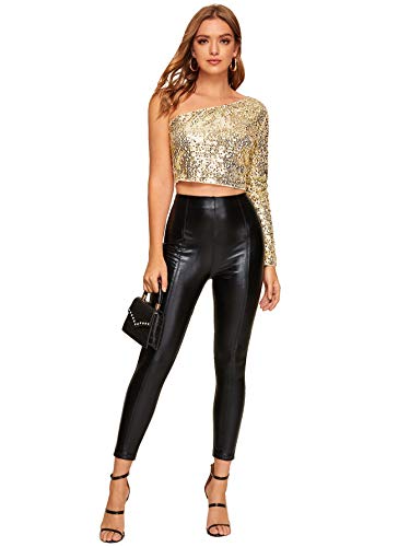 Glitter Sequin One Shoulder Crop Top for Women