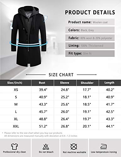 zeetoo Men's Wool Trench Coat Winter Slim Fit Wool Jacket Long Peacoat Hooded Overcoat Plus Cotton Medium