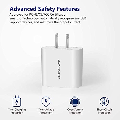 Amoner Upgraded 3-Port USB Wall Charger for iPhone, iPad, and More - 2Pack