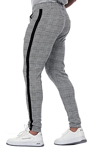 Mens Plaid Pants Slim Tapered Fit Casual Stretch Flat-Front Expandable Waist Checkered Dress Pants (Black Tape Side, XXLarge)