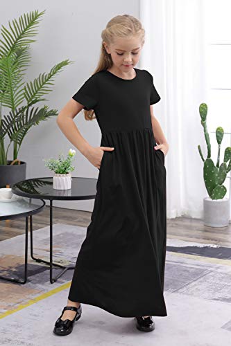 Girls' Short Sleeve Floral Print Maxi Dress with Pockets (Black, 11-12Y)