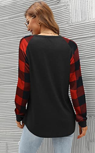 Buffalo Plaid Raglan Pullover Long Sleeve Shirt for Women