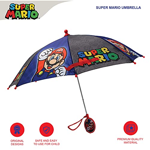 Nintendo Regular Kids Umbrella for Boys, Mario and Luigi Children's Rainwear, for Ages 3-8, Grey/Blue, Age 3-6