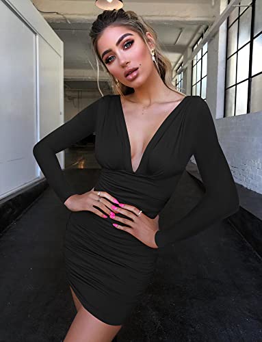 Long Sleeve V-Neck Ruched Mini Dress