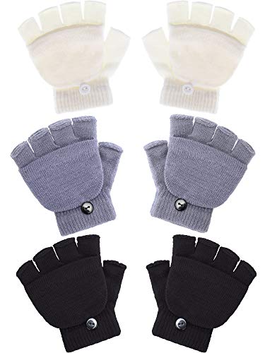 3 Pairs Kids Fingerless Mittens Convertible Flip Top Gloves Children for boys girls