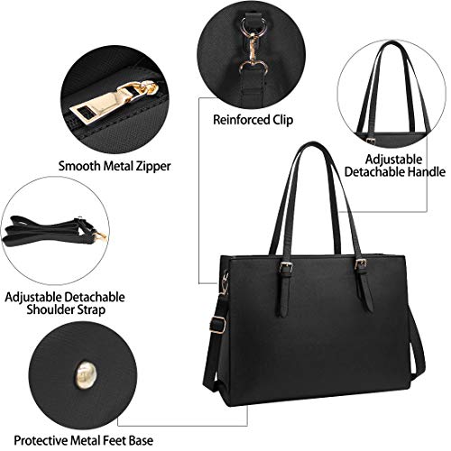 Laptop Bag for Women Waterproof Lightweight Leather 15.6 Inch Computer Tote Bag Business Office Briefcase Large Capacity Handbag Shoulder Bag Professional Office Work Bag Black