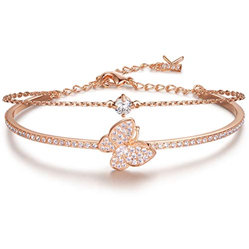 Rose Gold Butterfly Charm Bracelet - April Birthstone