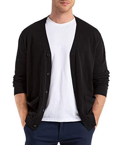 QUALFORT Men's Black V-Neck Cardigan