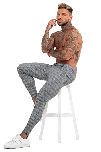 GINGTTO Mens Chinos Pants Skinny Fit Dress Pants Grey Plaid Twill Pants for Men 34
