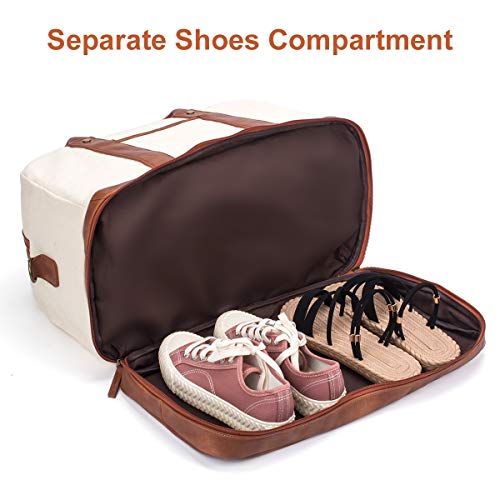 Weekender Bag for Women Canvas Overnight Bag Large Travel Bags for Women Carry on Shoulder Duffle Bag With Shoe Compartment,Perfect for Travel/Daily Use/Birthday Gift (Beige)