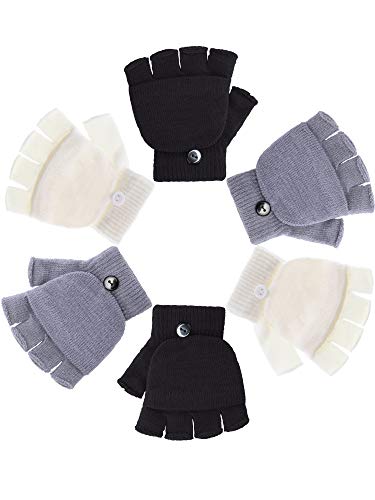 3 Pairs Kids Fingerless Mittens Convertible Flip Top Gloves Children for boys girls