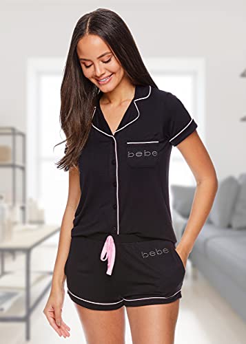 bebe Women's Black Button Down Pajama Set, Large