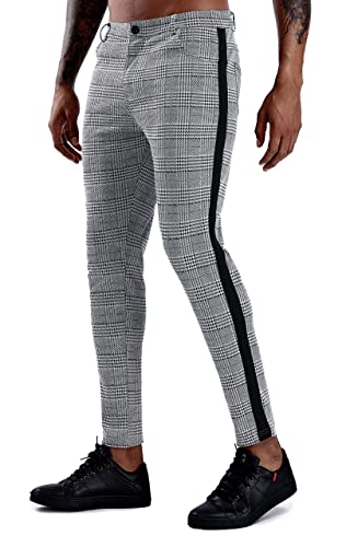 Mens Plaid Pants Slim Tapered Fit Casual Stretch Flat-Front Expandable Waist Checkered Dress Pants (Black Tape Side, XXLarge)
