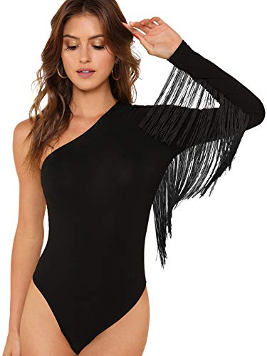 Verdusa Fringe Trim One Shoulder Thong Bodysuit