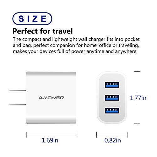 Amoner Upgraded 3-Port USB Wall Charger for iPhone, iPad, and More - 2Pack