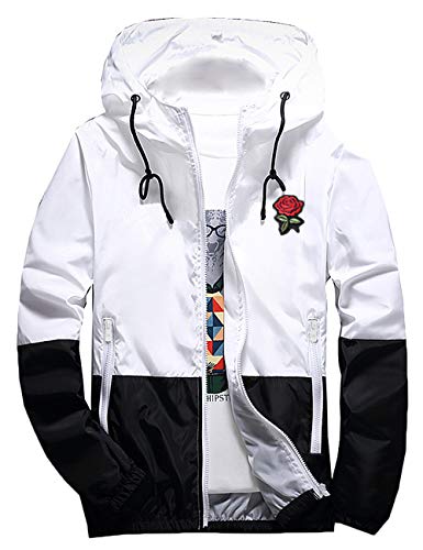 Rexcyril Men's Rose Floral Windbreaker Hooded Jacket Lightweight Solid Color Casual Full Zip Flower Coat Medium Black / White