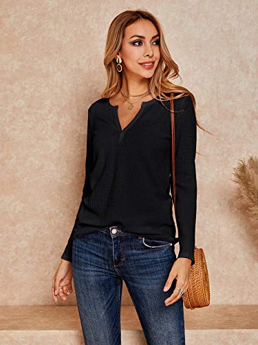 Waffle Knit Long Sleeve V-Neck Tee for Women