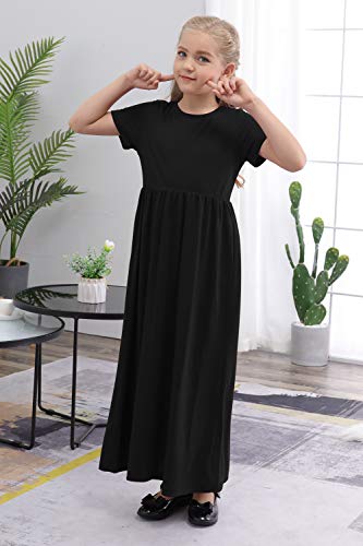 Girls' Short Sleeve Floral Print Maxi Dress with Pockets (Black, 11-12Y)